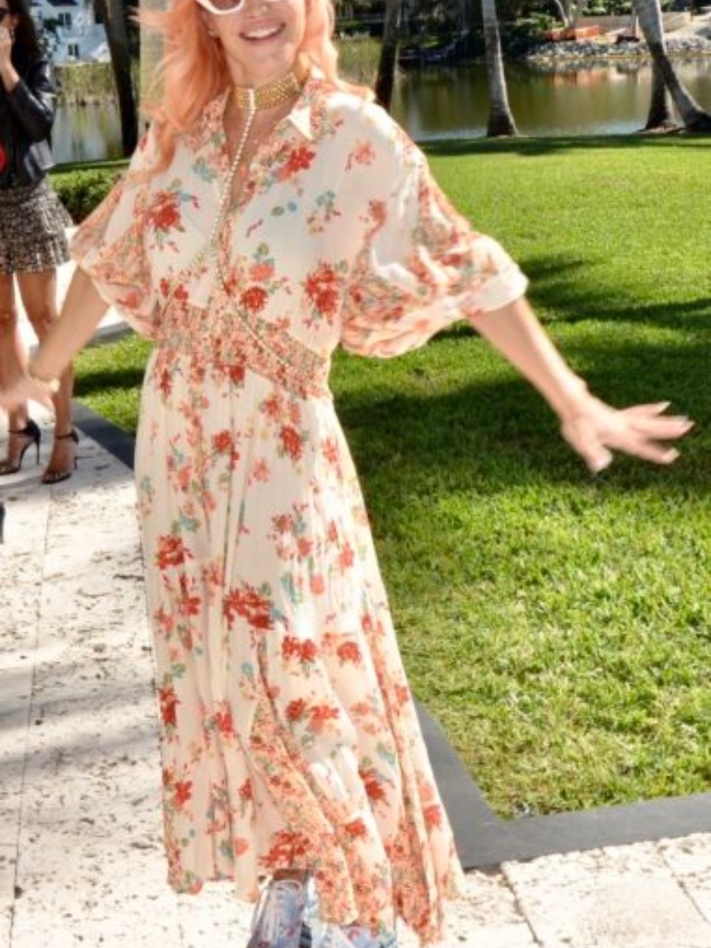 Free People Cream Floral Maxi Dress with Puff Sleeves